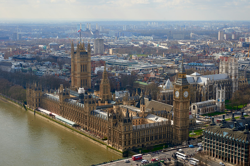 Aerial Palace of Westminster and Westminster Abbey and Thames