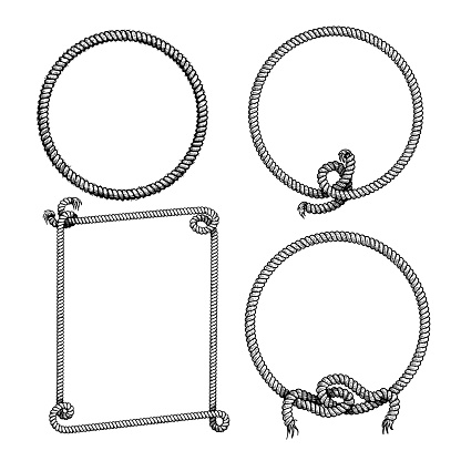 Nautical rope frames set. Hand drawn sketch style illustrations isolated on white background.