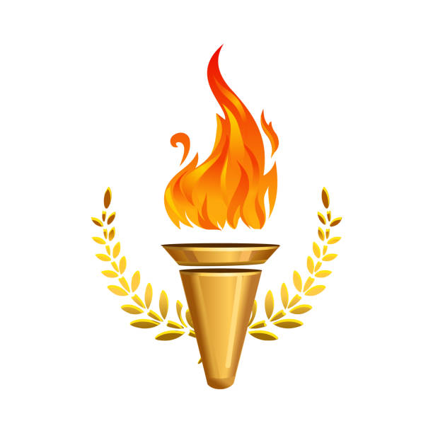 Burning torch with fire with laurel wreath, golden leaves. Sports games symbol. Vector illustration Burning torch with fire with laurel wreath, golden leaves. Sports games symbol. Vector illustration sport torch stock illustrations