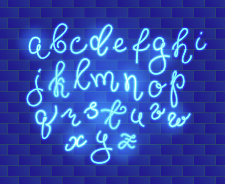 Glowing Neon Script Alphabet Illuminated Concept. Vector illustration of Blue Neon Font with Lowercase Letters Typeface.