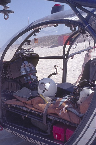 Pays de la Loire, Atlantic coast, France, 1982. Cockpit of a Gendarmerie helicopter on the Pays de la Loire Atlantic coast.