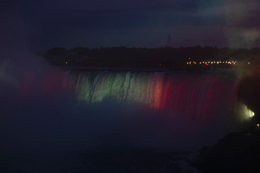 Light show in Niagara Falls at night.