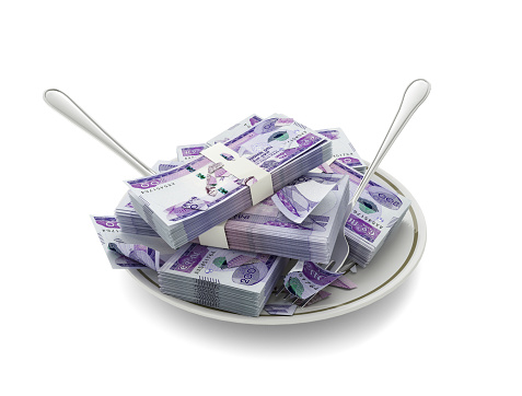 3D rendering of Ethiopian birr notes on plate. Money spent on food concept. Food expenses, expensive meal, spending money concept. eating money, misuse of money