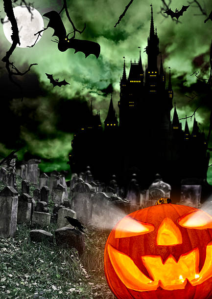 istock Spooky halloween pumpkin on cemetery 184241235