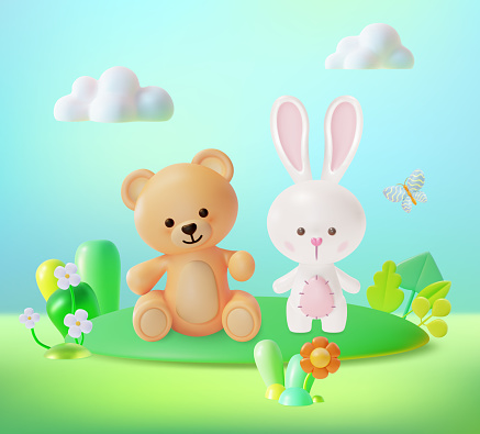 3d Characters Cute Teddy Bear and Funny Bunny Toys Concept Cartoon Style. Vector illustration of Baby Bear and Rabbit on Meadow