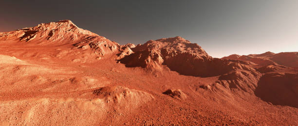 istock Mars landscape, 3d render of imaginary mars planet terrain, science fiction illustration. 1842422463