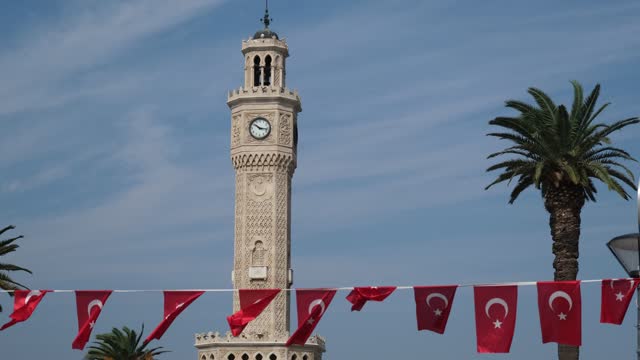 Izmir Clock Tower and Turkish Flags on Liberation Day