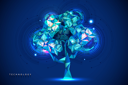 Circuit tree on network sphere. Abstract futuristic hologram sci fi background. Vector stock illustration