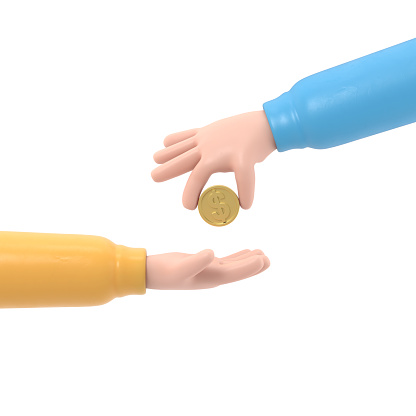Cartoon Gesture Icon Mockup.Businessman giving money to beggar.3D rendering on white background.