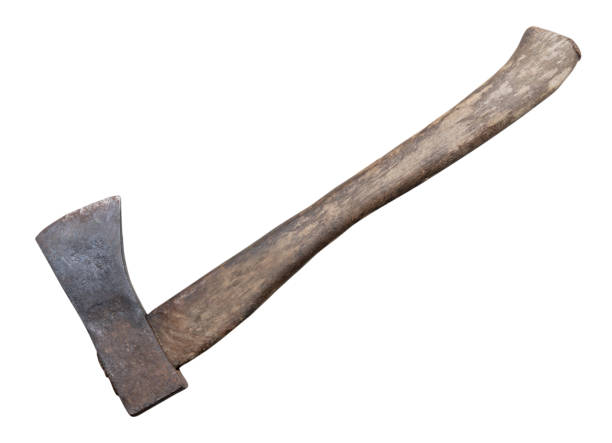 istock Old rust dirty dark gray axe with brown wooden handle isolated on white background with clipping path 1842503500
