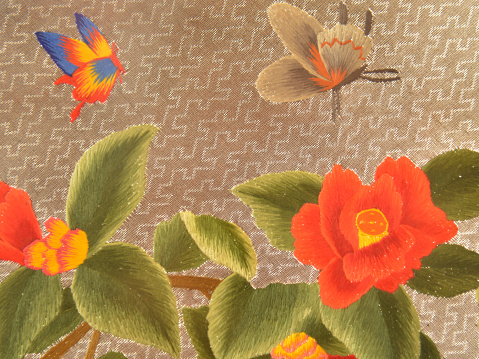 Chinese Embroidery works  with traditional painting with butterfly and peony flowers on display