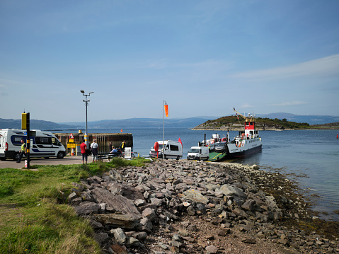 Portavadie, Tighnabruaich, Argyll and Bute, Scotland, UK. 6th September 2023. At Portavadie, vehicles disembark from the roll-on, roll-off ferry the Isle of Cumbrae, to cross Loch Fyne for Tarbert