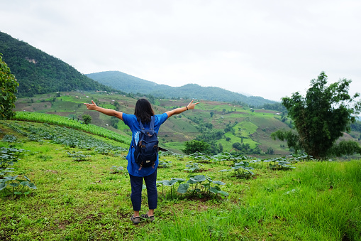 Asian woman with backpack is spread arms on terrace paddy rice fields on mountain for freedom life, Chiangmai Province of Thailand. People for travel in greenery tropical rainy season concept