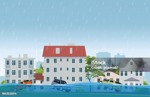 City Floods And Cars With Floating In The Water Stock Illustration ...