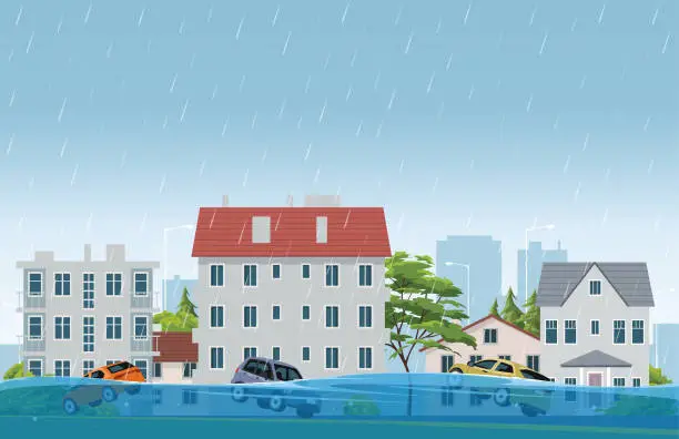 Vector illustration of City floods and cars with floating in the water