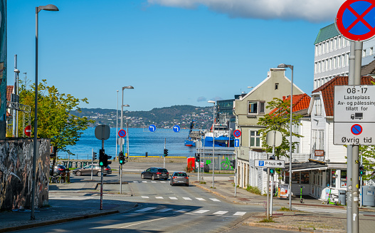 Bergen, Norway, 21 August 2021: Street scene near the harbor in Bergen, Norway