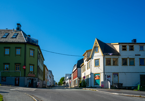 Sandnessjøen, Norway, 27.08.2021: Empty streets in a northern town of Norway
