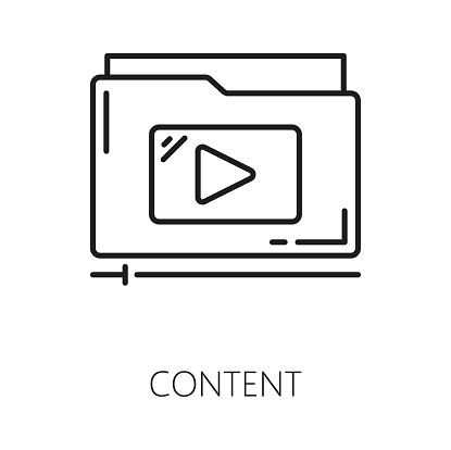 Content. CDN. Content delivery network icon, web media technology, blog or internal portal file upload and update service, CDN thin line vector symbol or pictogram with computer folder and media files