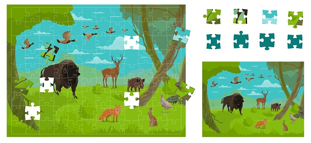 Jigsaw puzzle pieces, forest hunting animals and birds, vector kids game worksheet. Wild fox, deer and boar with rabbit hare, ducks and partridge on forest hunt, picture puzzle jigsaw to match pieces