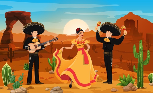 Mexican mariachi musicians and woman dancer at desert landscape. Mexican culture motif vector background with flamenco dancer and musicians cartoon characters playing guitar and maracas in desert