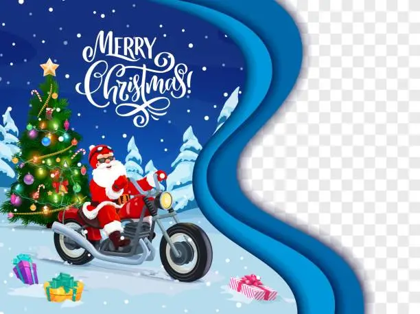 Vector illustration of Santa on bike in winter forest Christmas paper cut