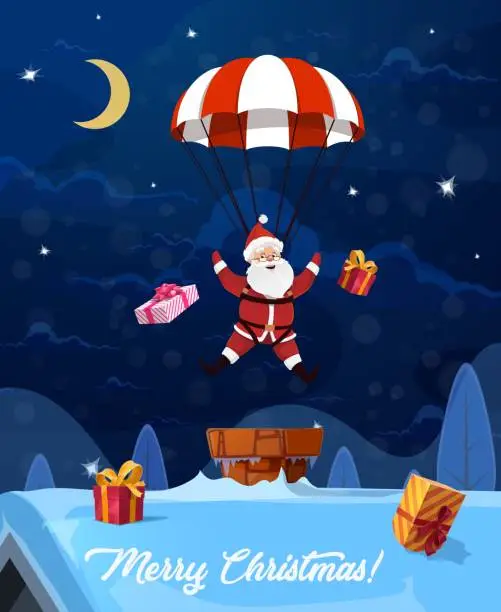Vector illustration of Christmas Santa descends to roof on a parachute.