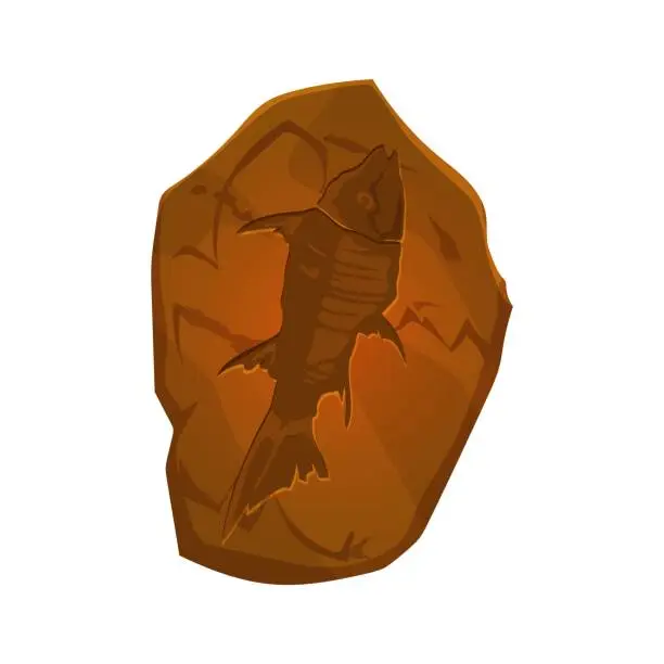 Vector illustration of Ancient fossil, fish skeleton imprint in stone