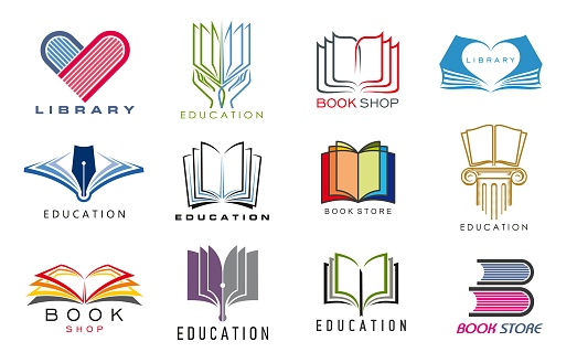 Education book icons. Library, store, dictionary vector symbols set of open books with heart shaped color pages, hands, vintage fountain pen nib and antique greek column. Bookstore or library sign