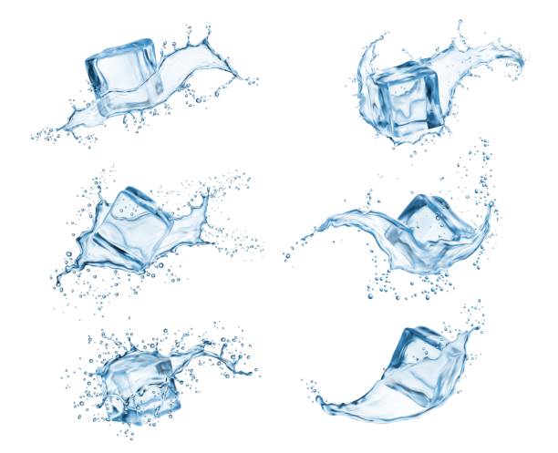 ilustrações de stock, clip art, desenhos animados e ícones de drink water splashes and ice cubes with drops - winter smooth stream waterfall