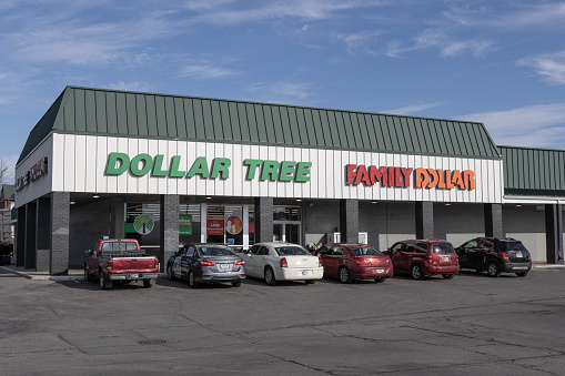 Indianapolis - November 30, 2023: Dollar Tree and Family Dollar discount stores. Dollar Tree and Family Dollar offer allow lower cost retail alternatives.