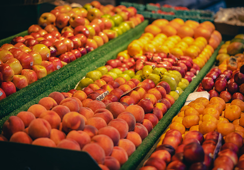 Colorful closeup of a farmer’s market fruit stand