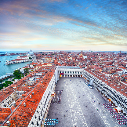 Wide Angle aerial view of Venice, Santa Maria della Salute Basilica and Grand Canal on background