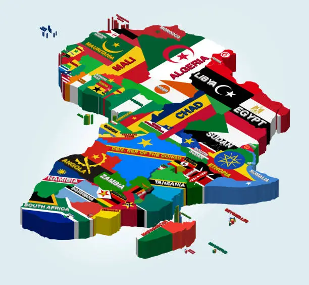 Vector illustration of Africa vector isometric map combined with national flags