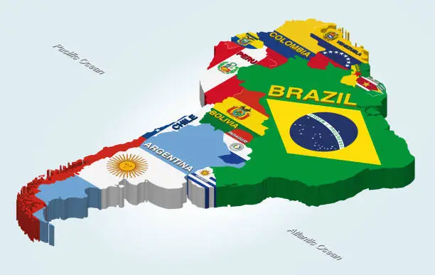 Vector illustration of South America vector isometric map combined with national flags