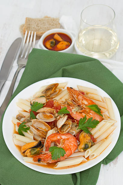 istock pasta with seafood on the plate and white wine 184263617