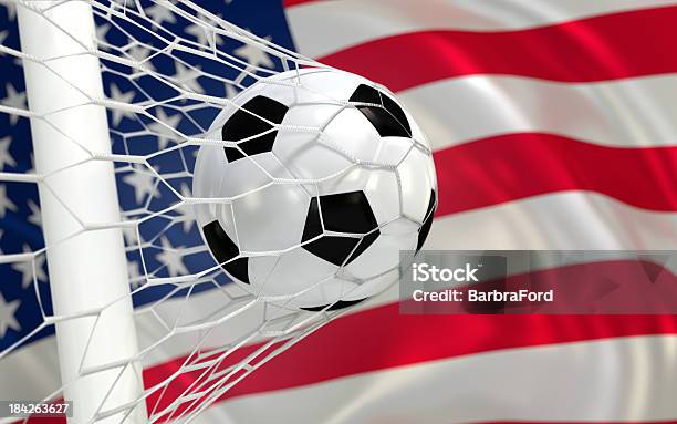 Usa Waving Flag And Soccer Ball In Goal Net Stock Photo - Download Image Now - American Flag, Color Image, Colors