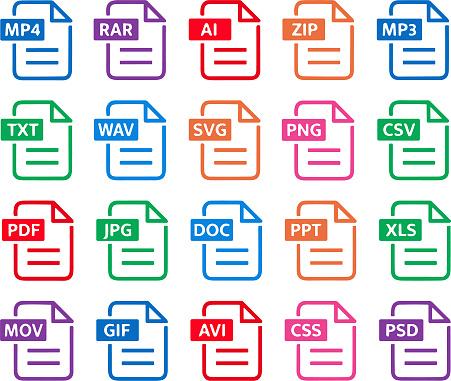 File type icon set. Popular files format and document. Format and extension of documents. Set of pdf, doc, excel, png, jpg, psd, gif, csv, xls, ppt, html, txt. Icons for download on computer