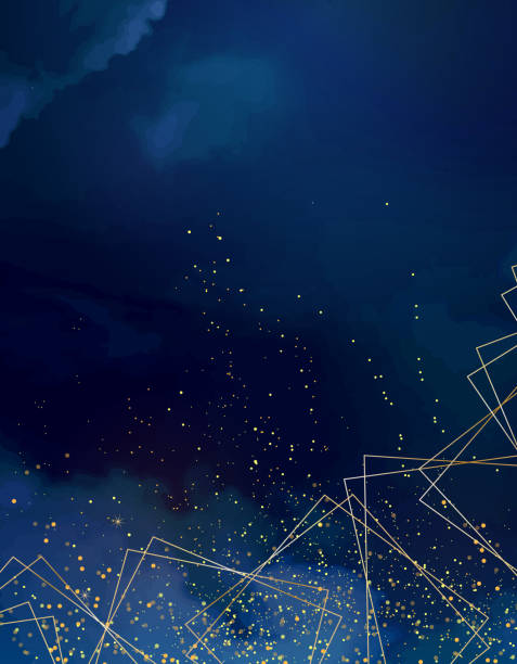 Magic night dark blue sky with sparkling stars. Gold glitter powder splash vector background. Golden scattered dust Magic night dark blue sky with sparkling stars. Gold glitter powder splash vector background. Golden scattered dust. Midnight milky way. Navy classic blue color. Christmas winter texture with clouds. dark blue night stock illustrations