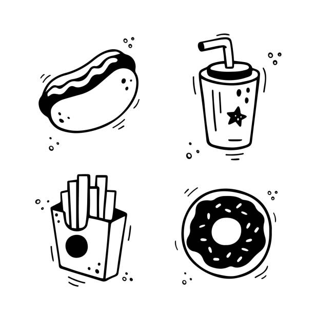 ilustrações de stock, clip art, desenhos animados e ícones de fast food set - hot dog, french fries, drink, donut. hand drawn fast food combo. comic doodle sketch style. - sandwich sketch cartoon line art
