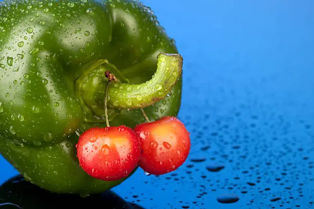 Wet Green Pepper With Bing Cherries