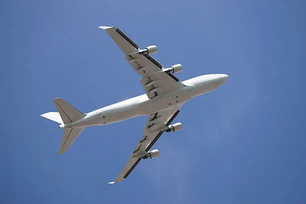 White Boeing 747-400 against blue sky
