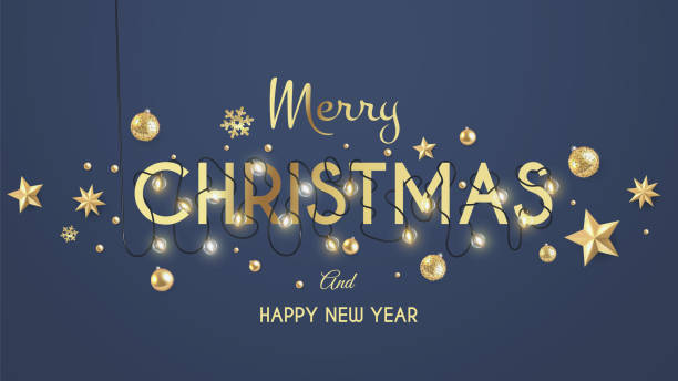 istock Merry Christmas lettering with hanging lighting retro bulbs, Photorealistic vector design 1842670412
