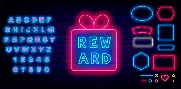 Vector illustration of Reward neon sign. Gift box frame. Glowing blue alphabet. Geometric borders collection. Vector stock illustration