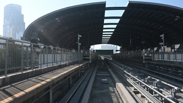 Elevated light rail train stations in cities