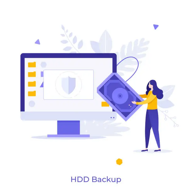 Vector illustration of Woman holding hard disk drive connected to computer with shield on screen. Concept of HDD backup, copying of digital information from data storage device. Modern flat vector illustration for banner.