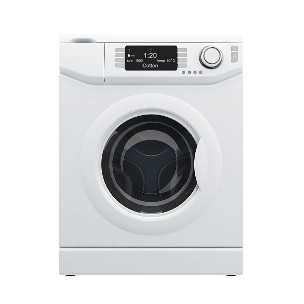 3D rendering of white washing machine, front view stock photo