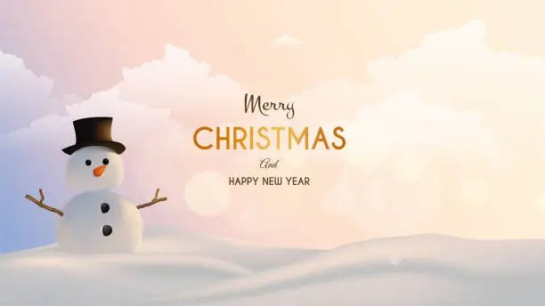 Vector illustration of Vector render 3d style snowman on snowy landscape background.