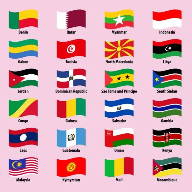 Vector illustration of National flags of countries in wavy style on a bright background