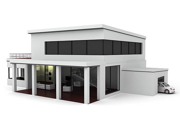 Modern house "3D illustration.This image doesn`t contain any visible trademarked products, corporate identity, logos, or copyrighted elements.I am author of design of this car.I am author of 3d model of this car." architectural model house stock pictures, royalty-free photos & images