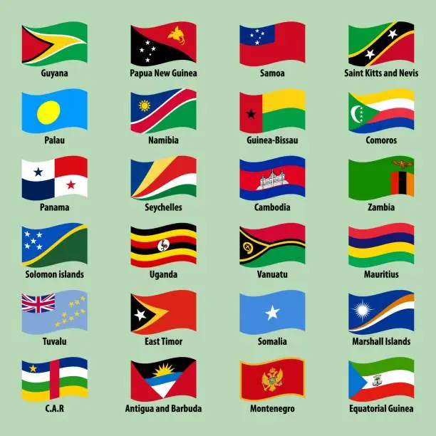 Vector illustration of Large set of national flags of countries in wavy style on a bright background